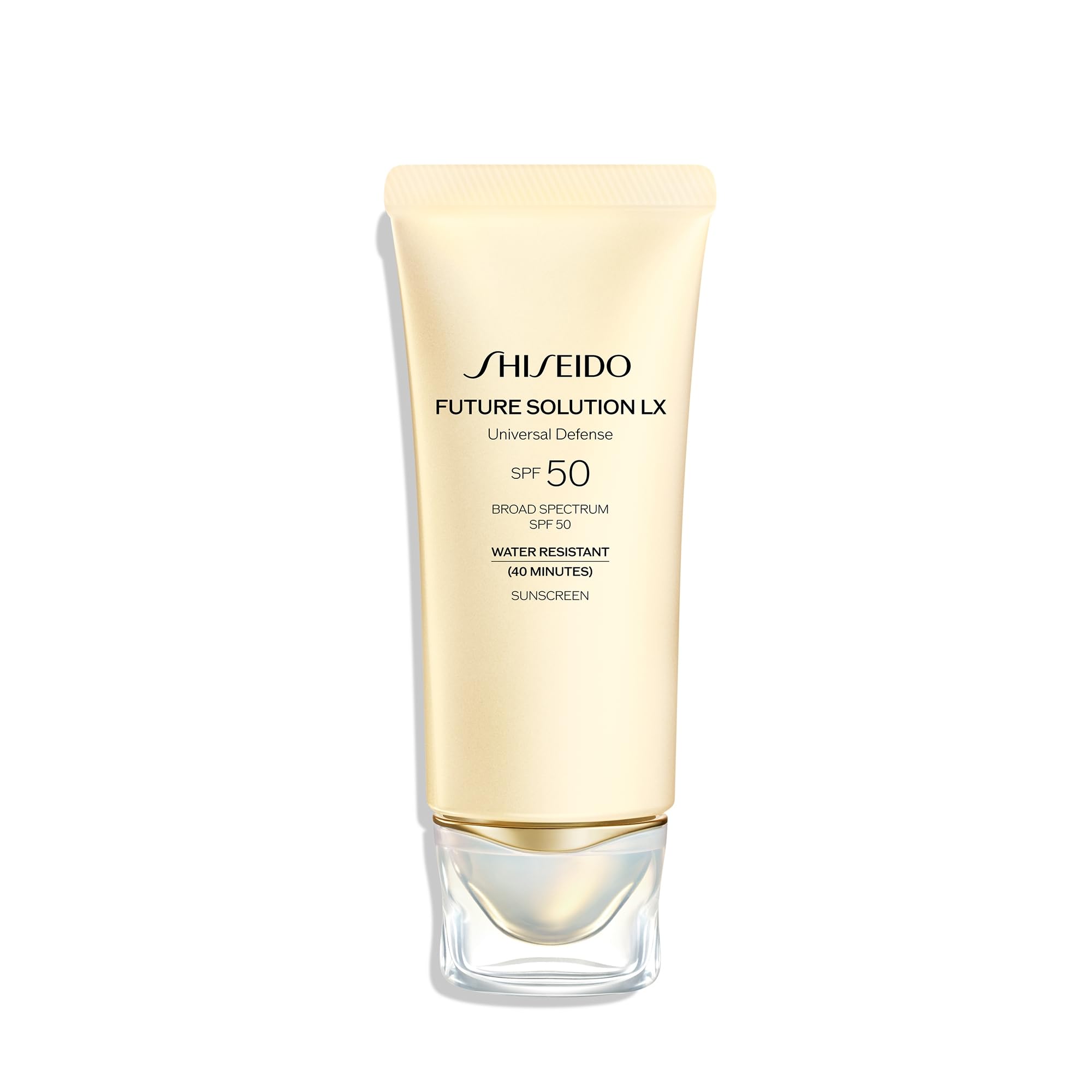 Shiseido Future Solution LX bottle showing hydrating sun protection benefits.