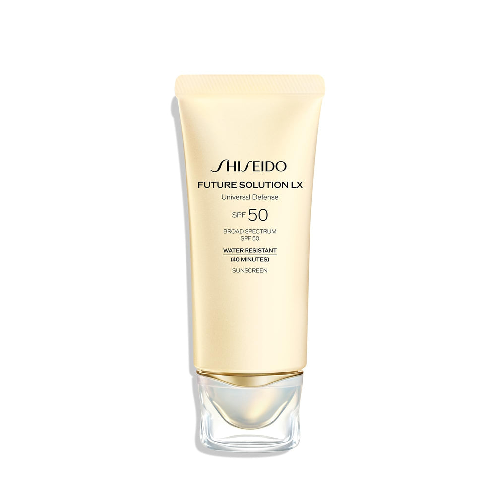 Shiseido Future Solution LX bottle showing hydrating sun protection benefits.