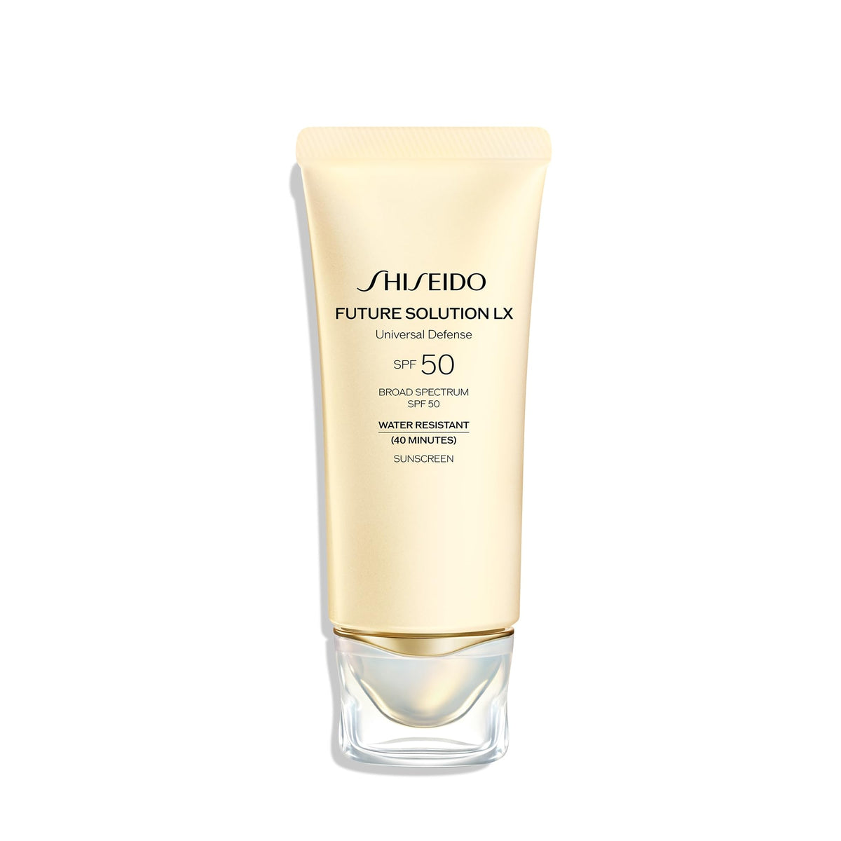 Shiseido Future Solution LX bottle showing hydrating sun protection benefits.