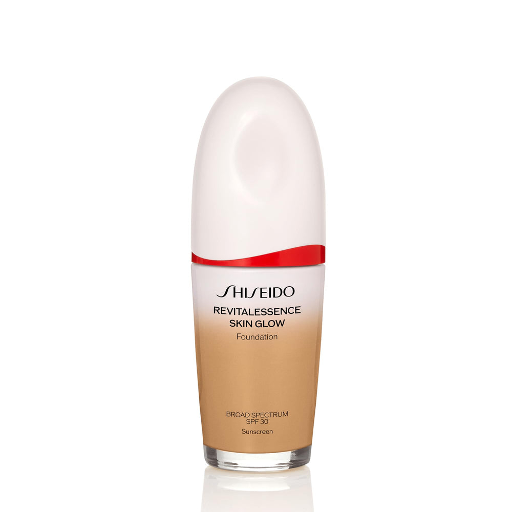 Shiseido RevitalEssence Skin Glow Foundation Maple bottle with pump for easy application and hydration.
