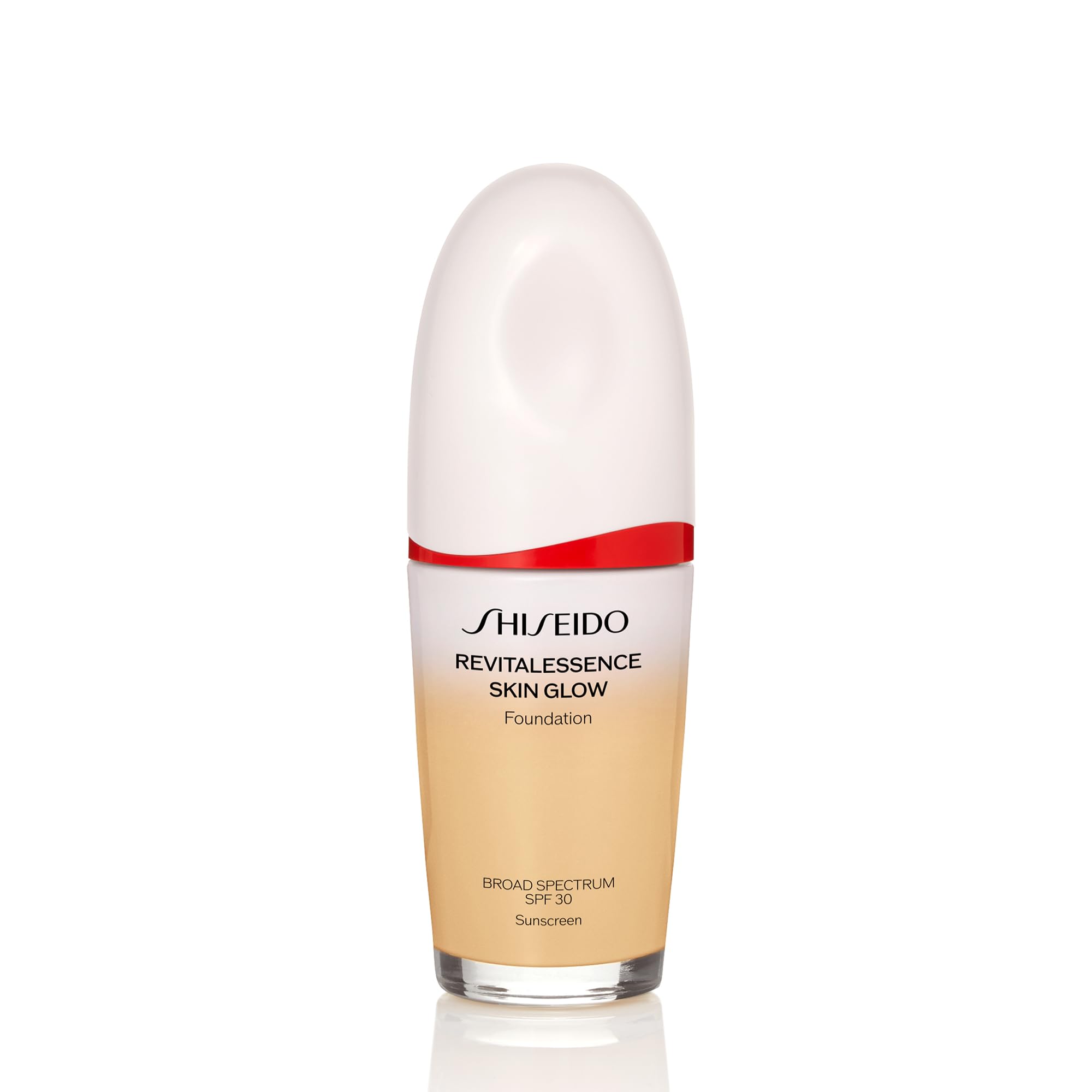 Shiseido RevitalEssence bottle close-up showing glow finish and SPF 30 protection.