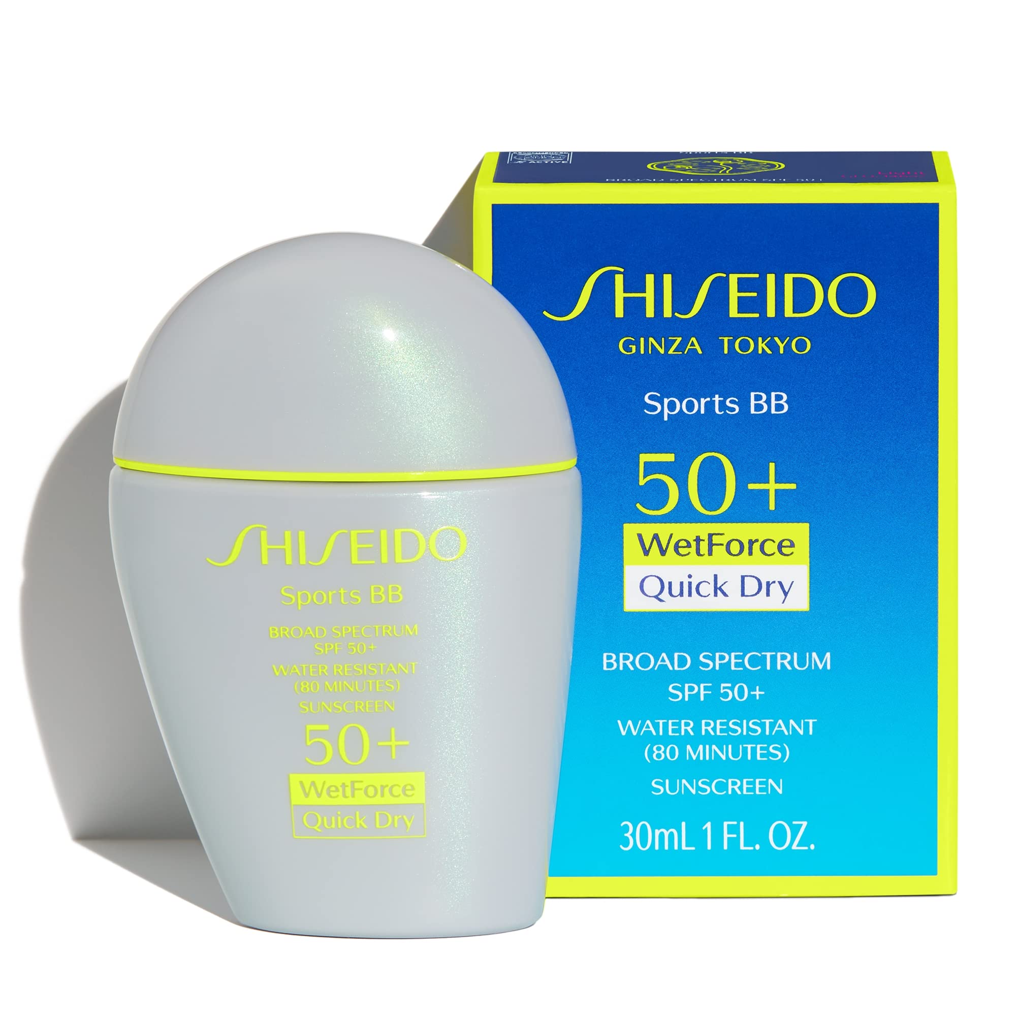 Shiseido Sports BB Cream SPF 50+ application on skin, seamless blend, all-day protection.