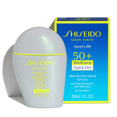 Shiseido Sports BB Cream SPF 50+ application on skin, seamless blend, all-day protection.