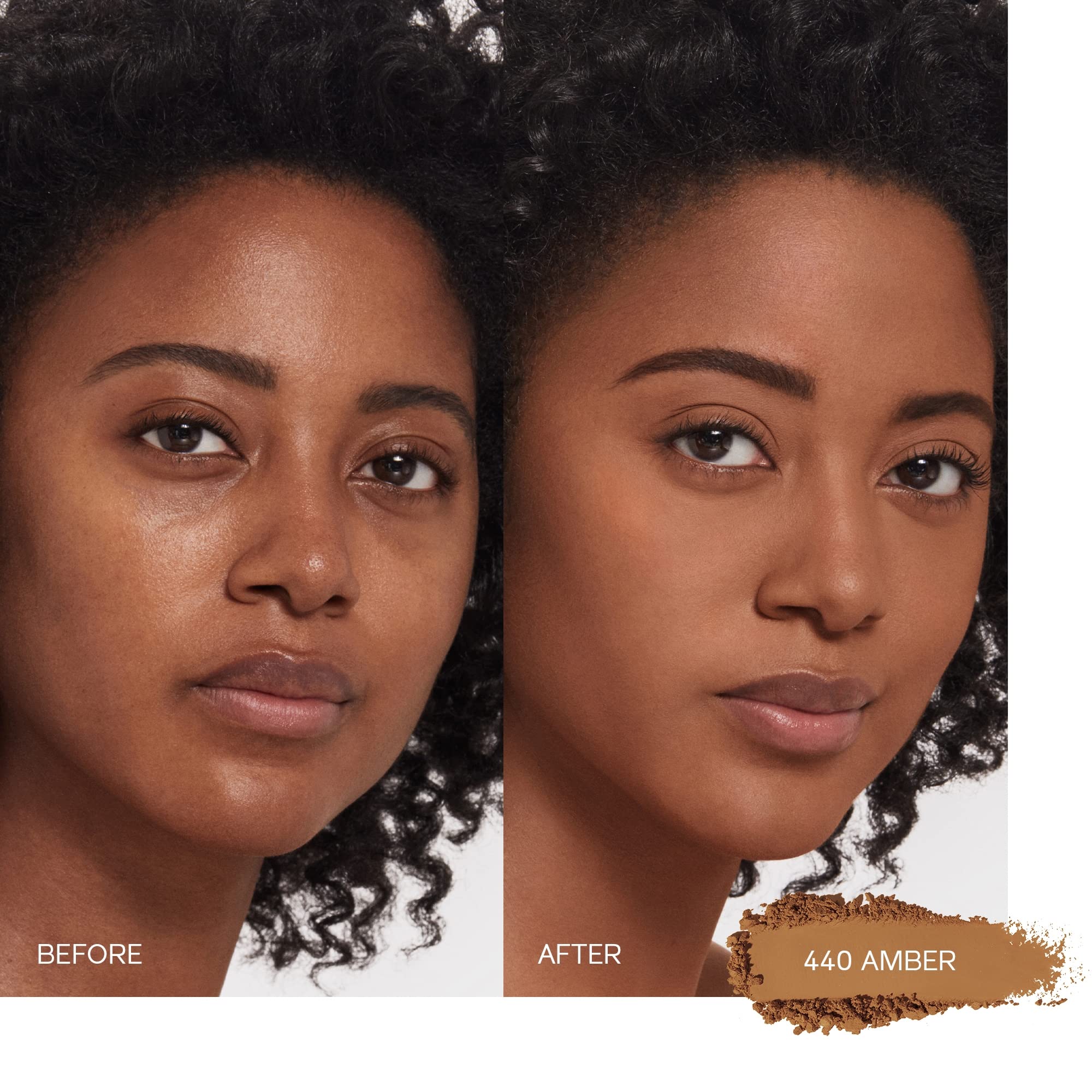 Shiseido Synchro Skin Amber 440 swatch on cheek reveals natural texture.