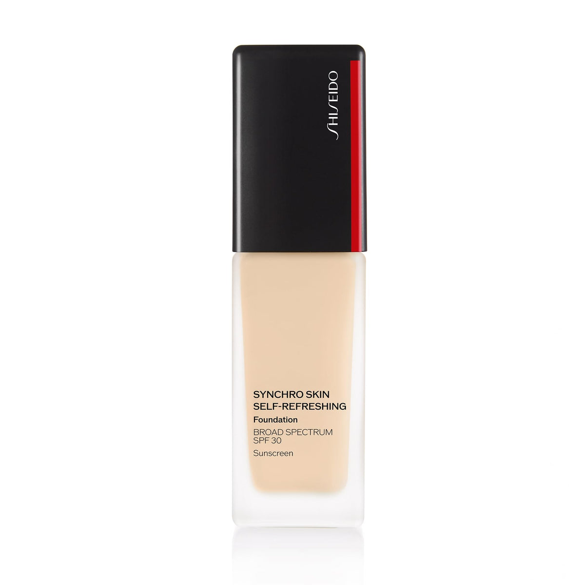Shiseido Synchro Skin foundation bottle close-up highlighting long-wear semi-matte finish.