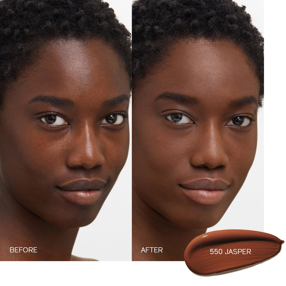 Shiseido Synchro Skin swatches on arm illustrate buildable coverage and shade match.
