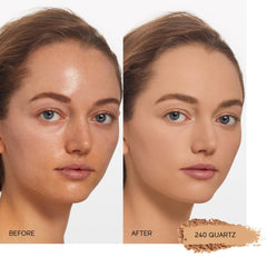 Shiseido Synchro Skin powder applied wet demonstrates buildable coverage.