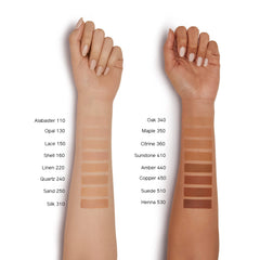 Shiseido Synchro Skin copper-450 packaging highlights anti-adhesive, pollution protection.