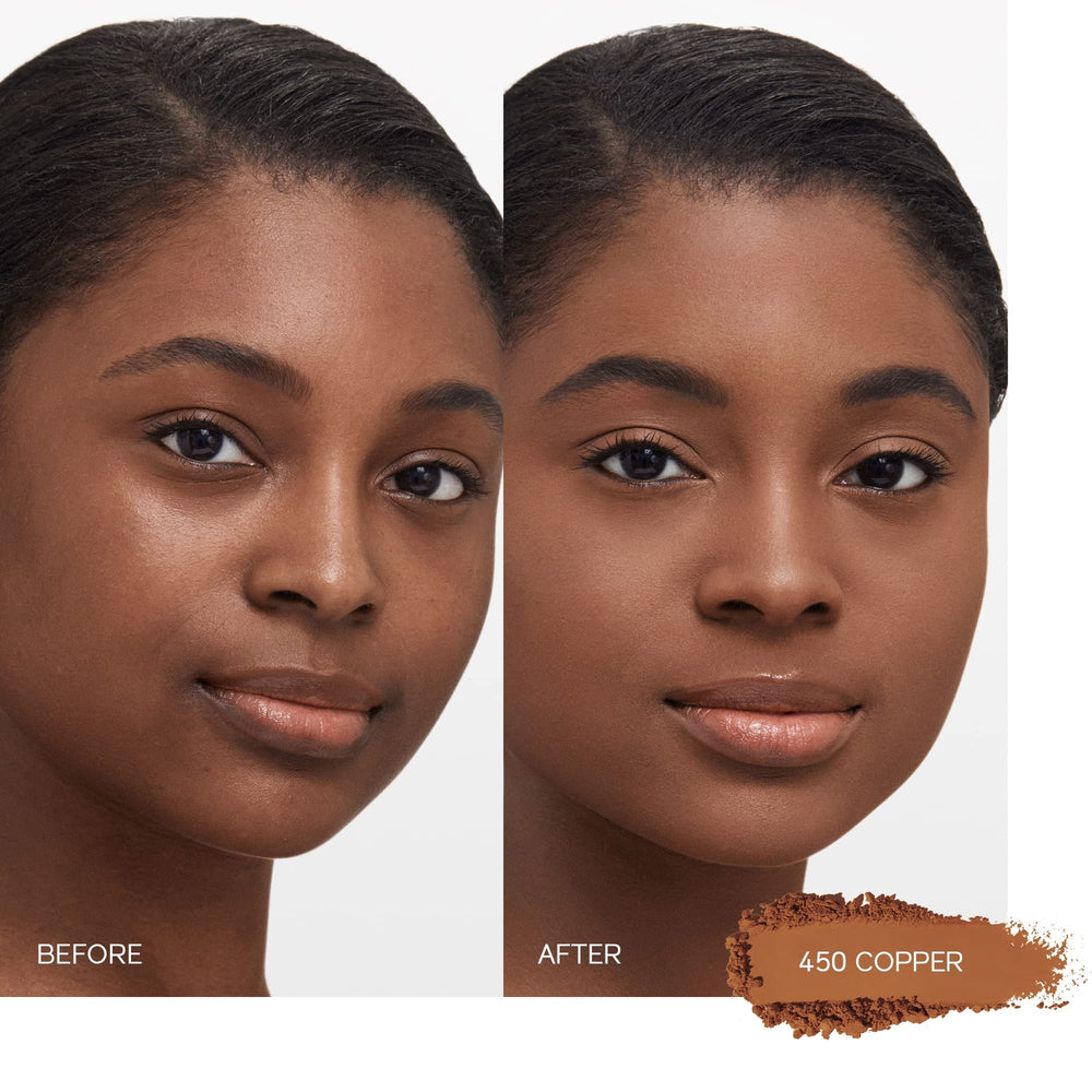 Shiseido Synchro Skin copper-450 wet-application shows smooth, refined finish.