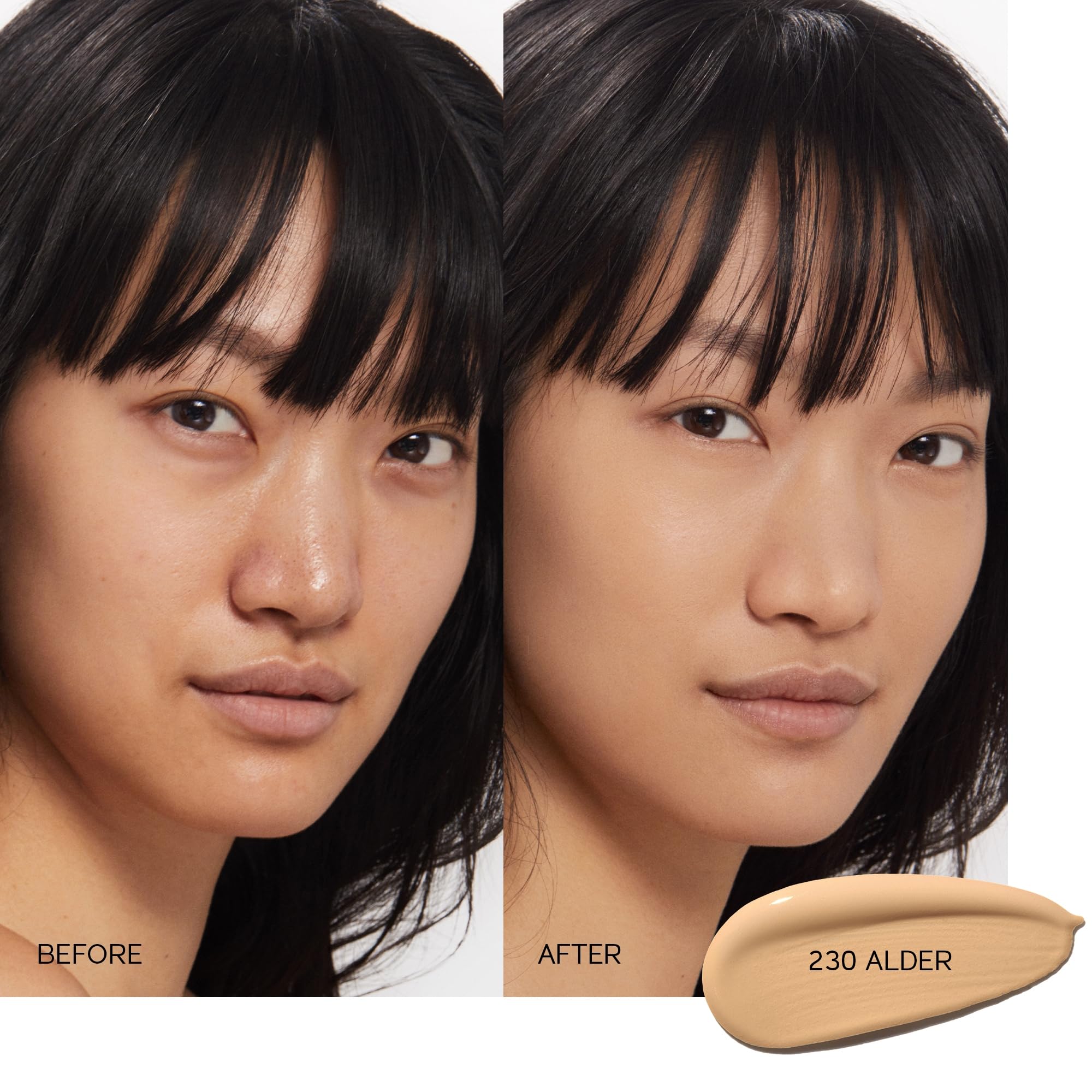 Shiseido Synchro Skin Alder 230 texture swatch reveals natural semi-matte finish.