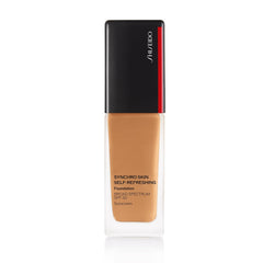 Shiseido Synchro Skin Bronze 420 bottle shows all-day natural semi-matte finish.