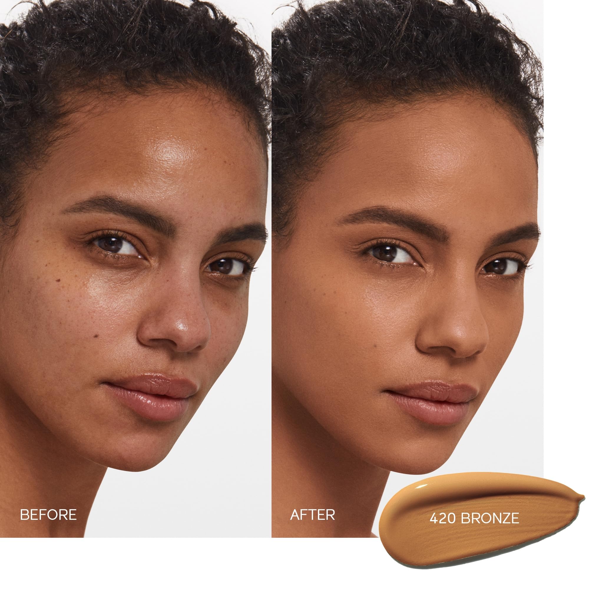 Shiseido Synchro Skin Bronze 420 bottle dispensing product for easy application.