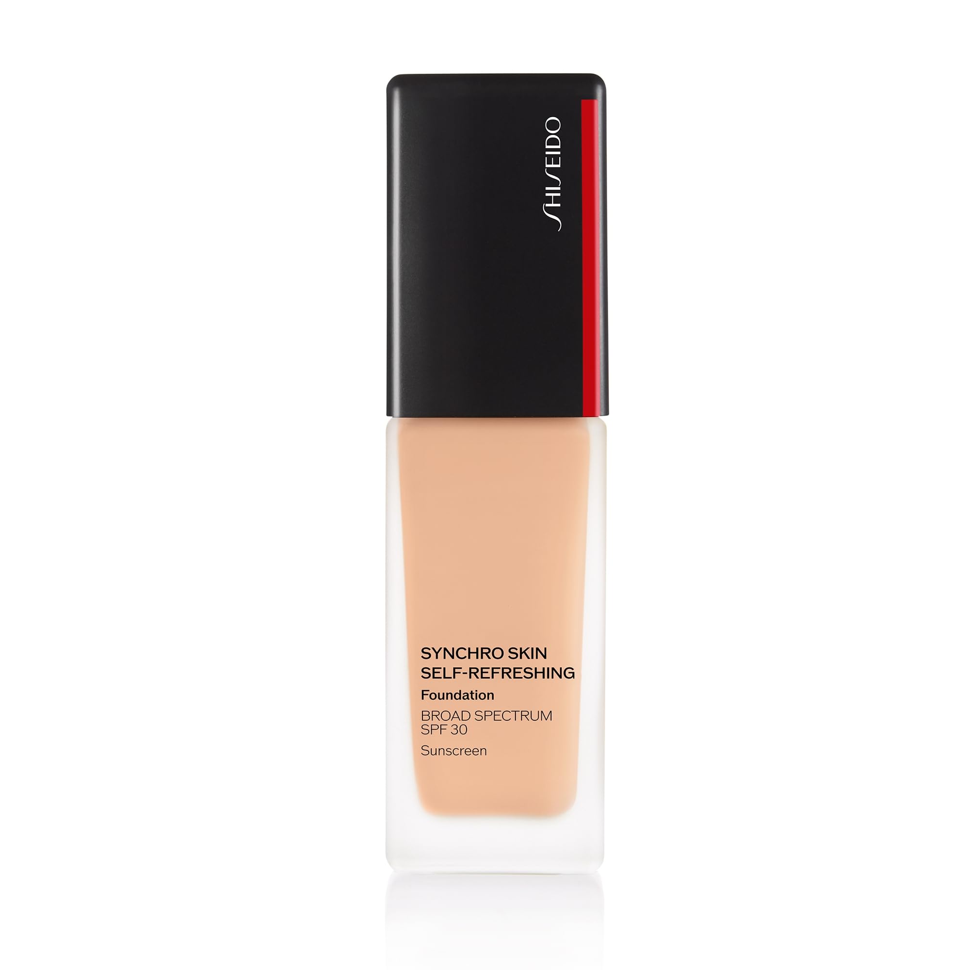 Shiseido Synchro Skin bottle close-up shows self-refreshing formula for all-day wear.