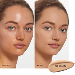 Shiseido Synchro Skin foundation texture demonstrates natural semi-matte finish and pore-blurring effect.