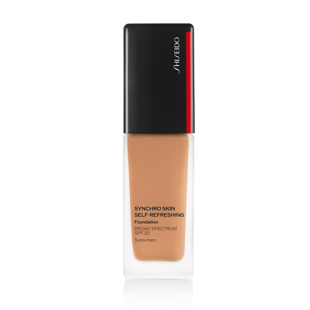Shiseido Synchro Skin bottle in Sunstone 410 for all-day wear.
