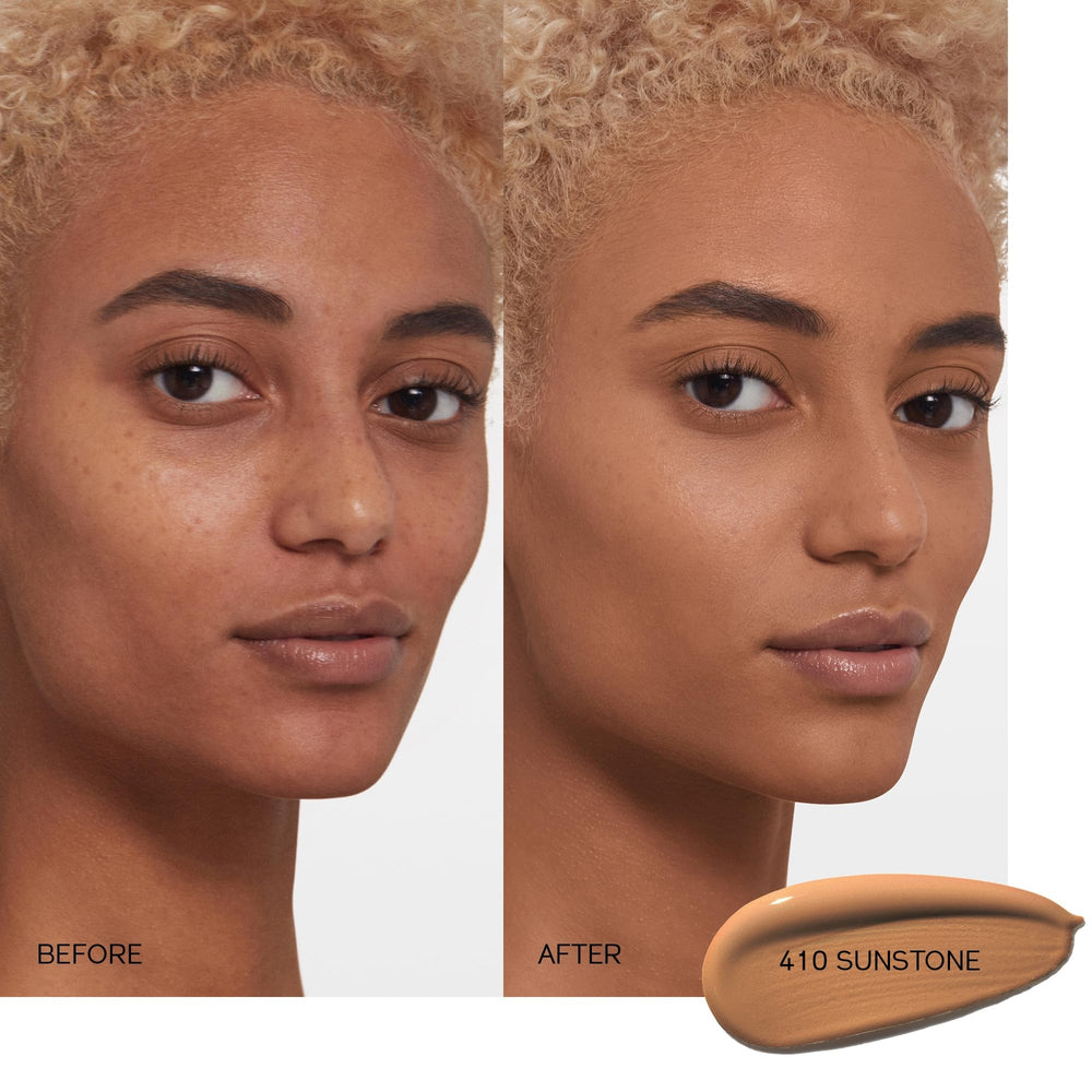 Dispensing pump releasing foundation for smooth, even coverage.