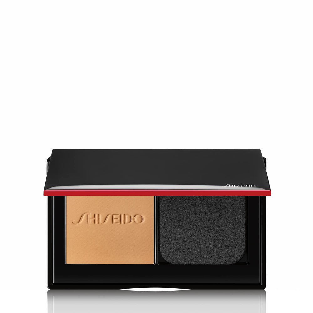 Shiseido Synchro Skin bottle close-up showing long-wear finish that stays fresh all day.