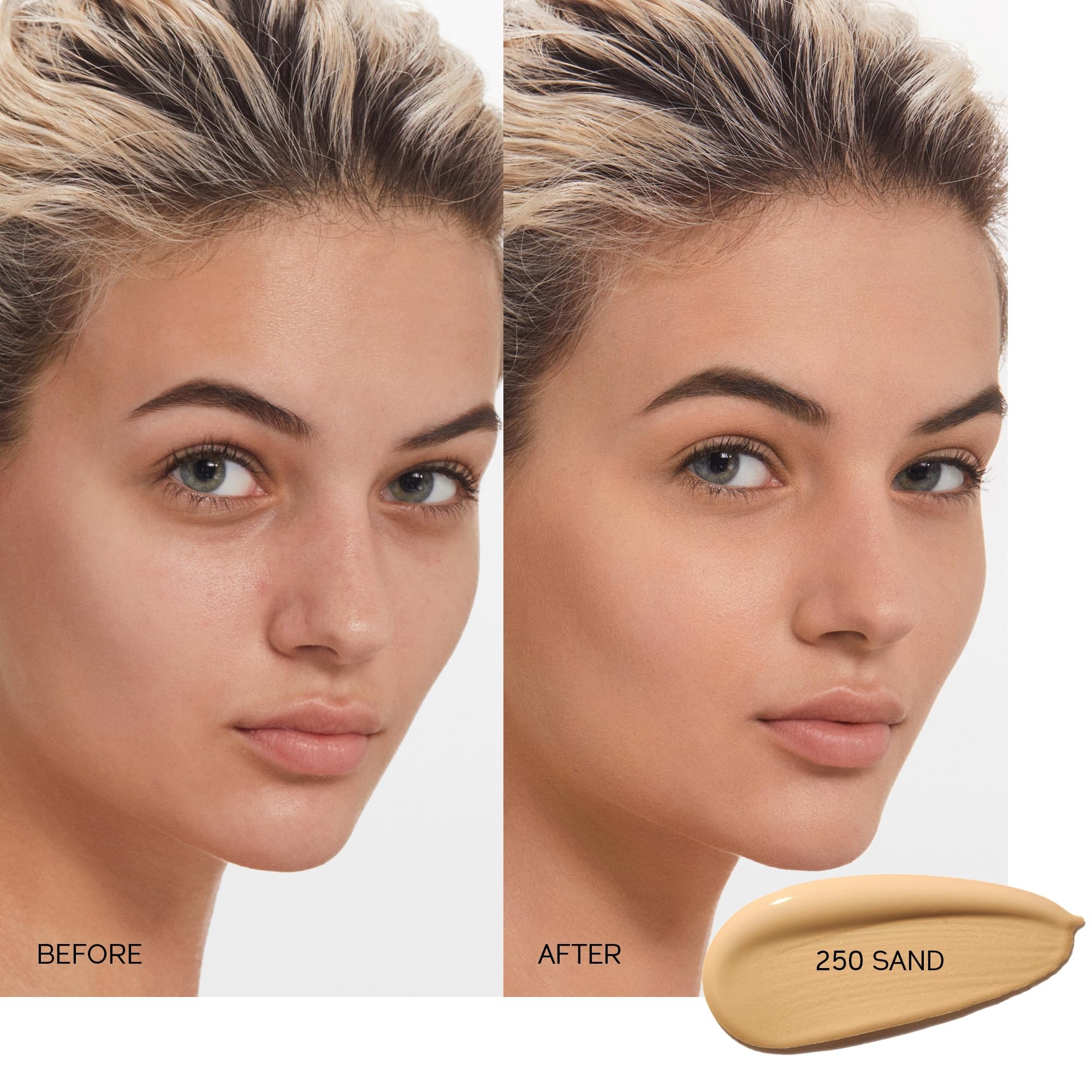 Swatch of Shiseido Synchro Skin on cheek highlights seamless blur.