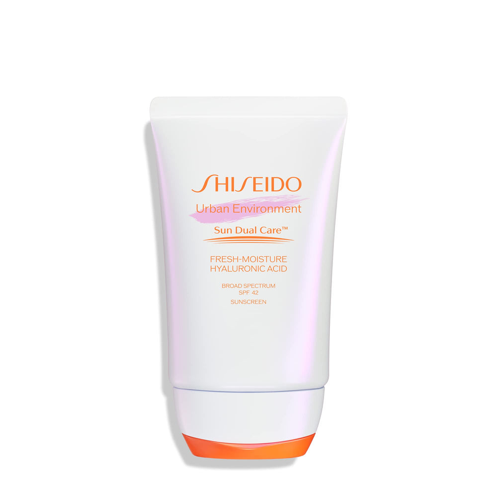 Shiseido Urban Environment sunscreen bottle on counter signaling daily protection from sun and pollution.