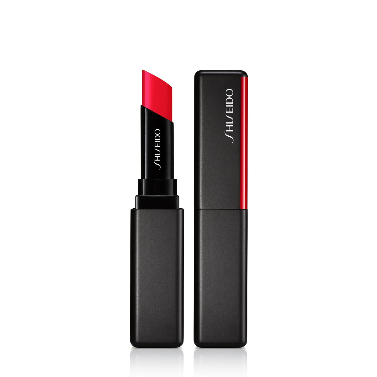 Shiseido VisionAiry Gel Lipstick Firecracker 219 swatch shows bold, weightless color.