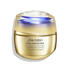 Shiseido Vital Perfection Concentrated Supreme Cream bottle shows a luxurious moisturizer for sculpted, firmer-looking skin