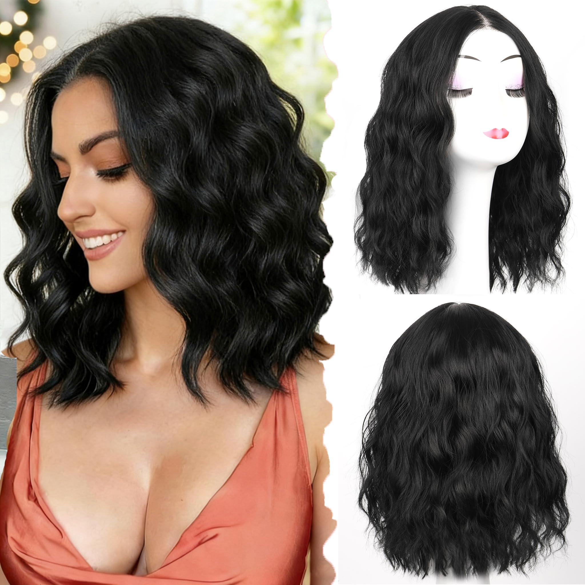 ShowCoco Black Short Wavy Wig with Invisible Lace Front for natural daily wear