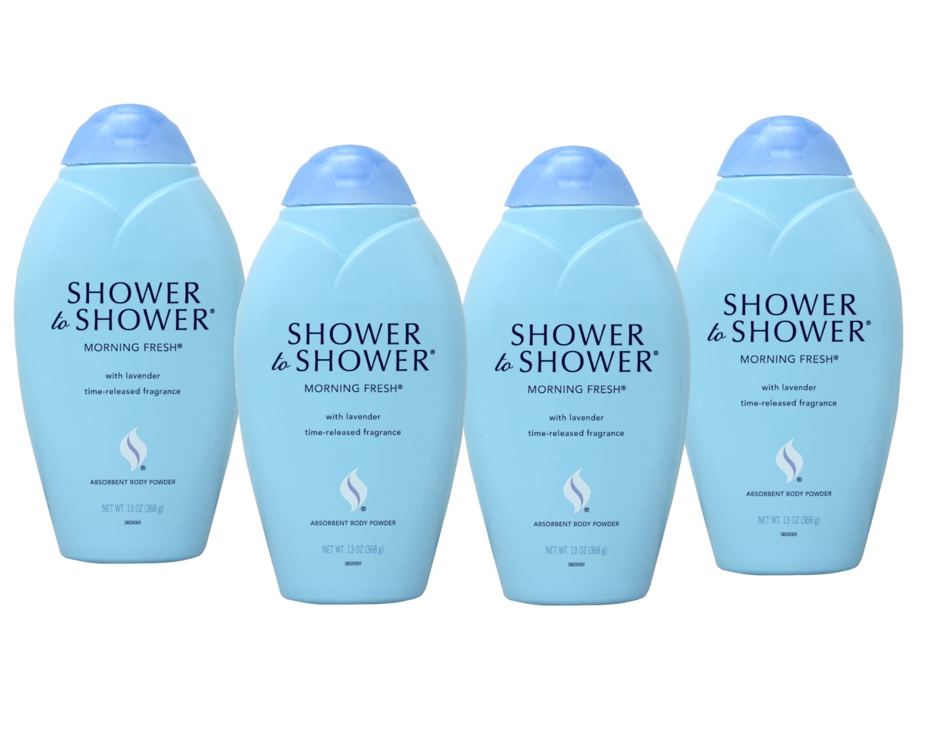 Shower To Shower Morning Fresh powder front view showing a four-pack for extended dryness