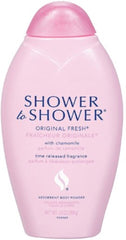 Shower To Shower Original Fresh Chamomile absorbent powder bottle for lasting freshness.