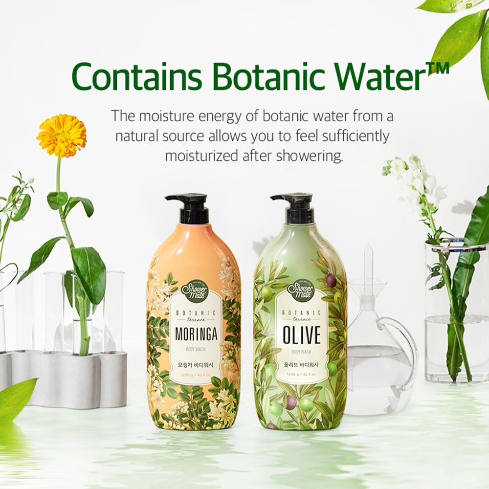 SHOWERMATE Botanic Body Wash bottle label highlights Moringa and natural ingredients.