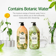 SHOWERMATE Botanic Body Wash bottle label highlights Moringa and natural ingredients.