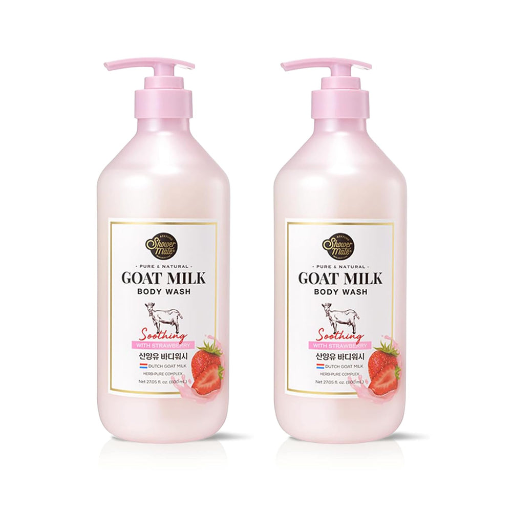 SHOWERMATE Goat Milk Body Wash strawberry bottle highlights hydrating formula for skin