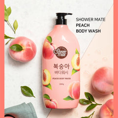 SHOWERMATE peach body wash bottle offering a sweet peach aroma for relaxing showers