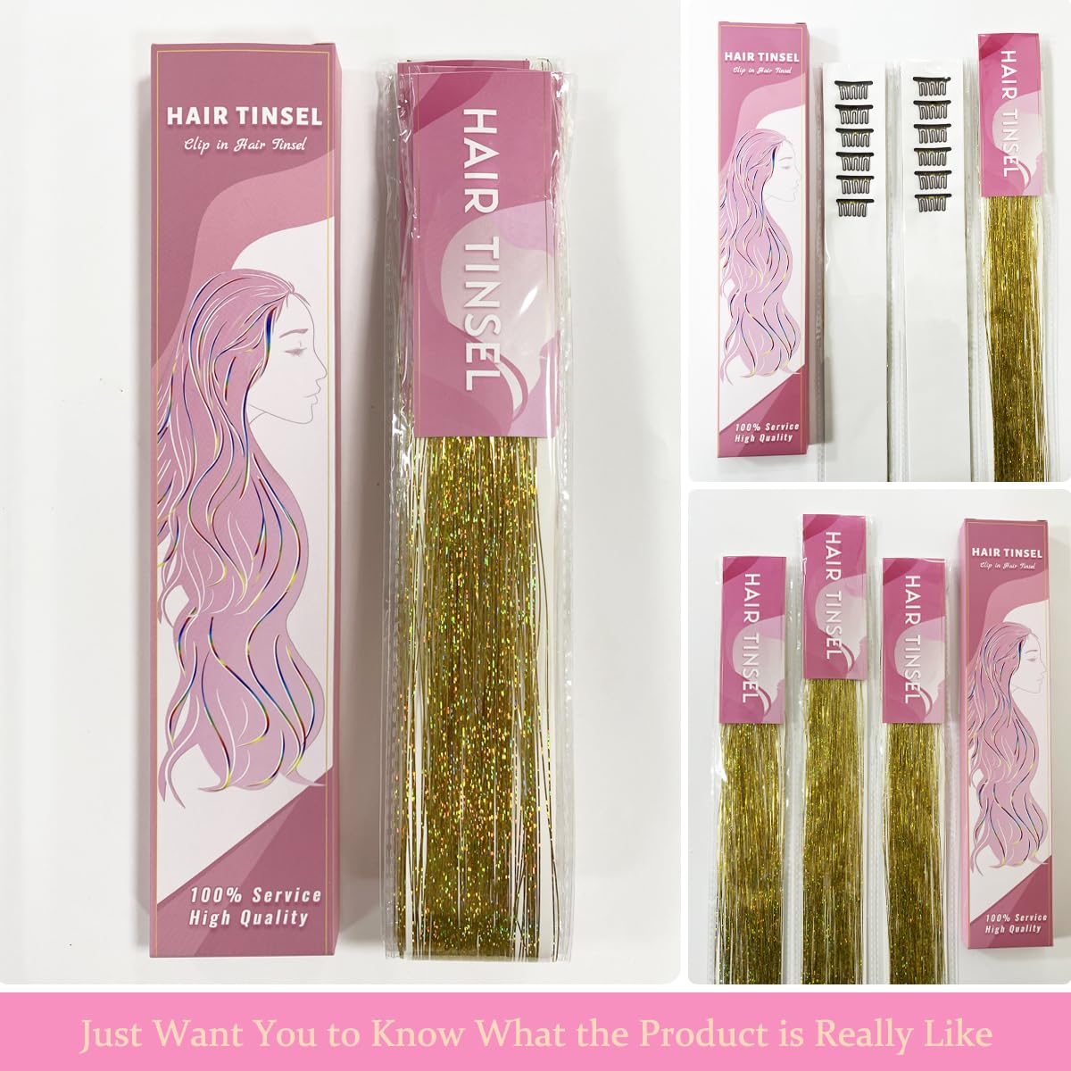 ShowJarlly Gold Hair Tinsel Clip-in Glitter shines under lights for parties.