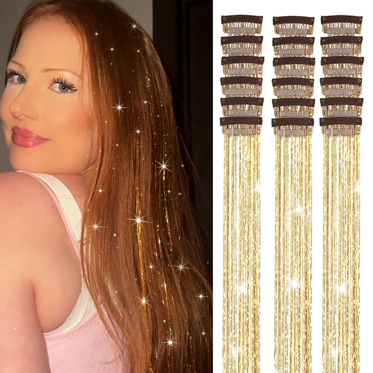 ShowJarlly Gold Hair Tinsel 18 Pcs clip-in kit adds radiant sparkle to kids hair.