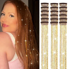 ShowJarlly Gold Hair Tinsel 18 Pcs clip-in kit adds radiant sparkle to kids hair.