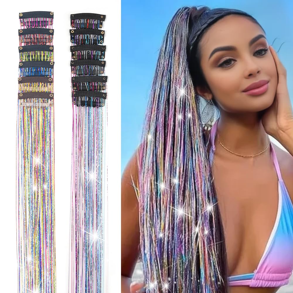 ShowJarlly Hair Tinsel Clip in 24 inch colorful strands add instant sparkle for parties.