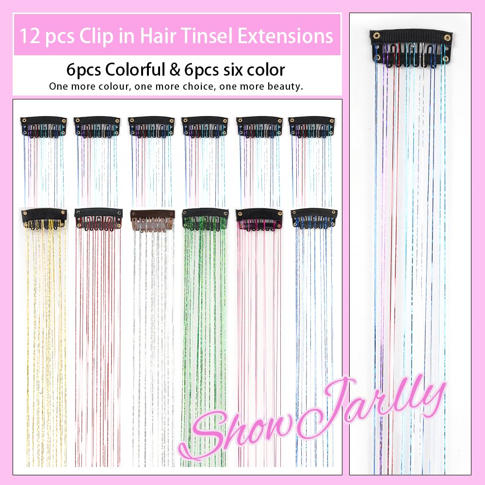 ShowJarlly clip-in tinsel hair extensions closeup showing glittery finish for festival looks.