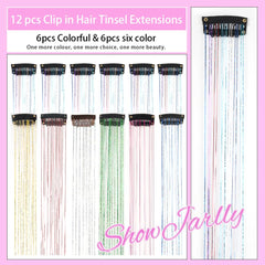 ShowJarlly clip-in tinsel hair extensions closeup showing glittery finish for festival looks.