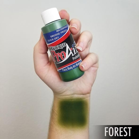 ProAiir Forest Green body paint applied with airbrush for festival body art, durable.