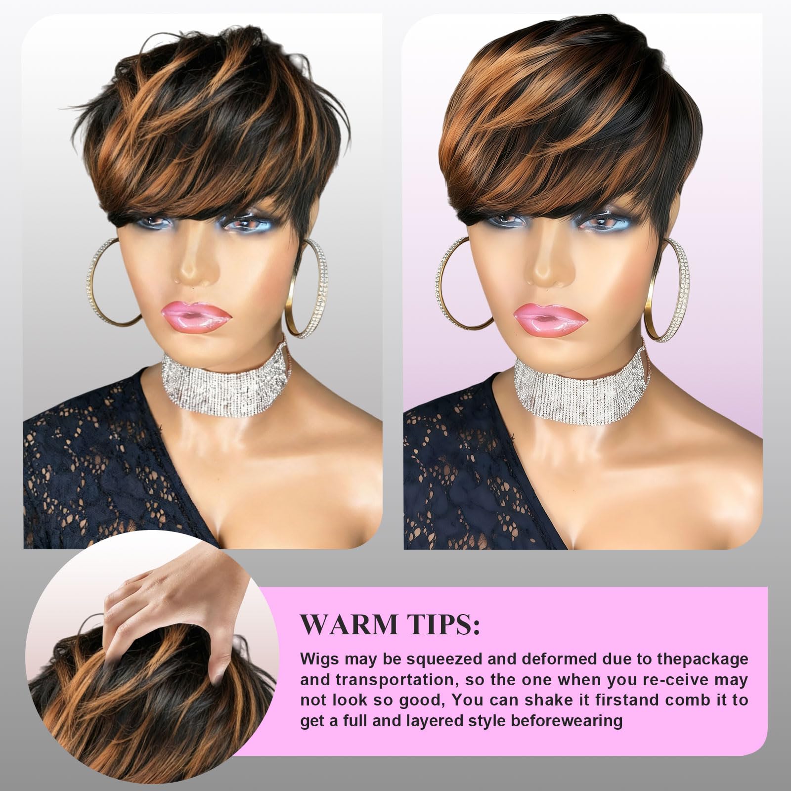 Showreal Pixie Cut Wig color 1B/30 with soft highlights