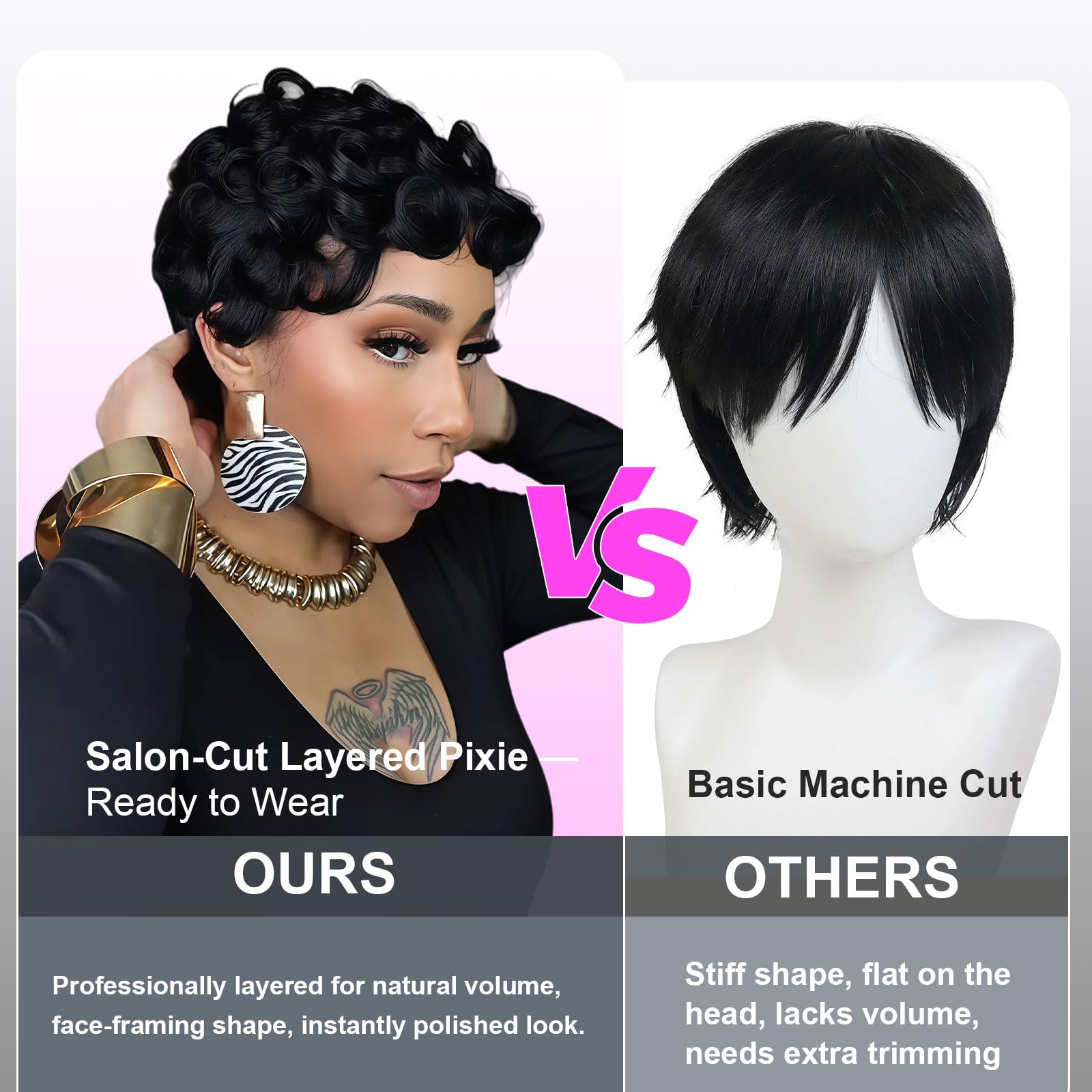 Showreal Pixie Cut Wig on head demonstrates secure fit and natural drape.