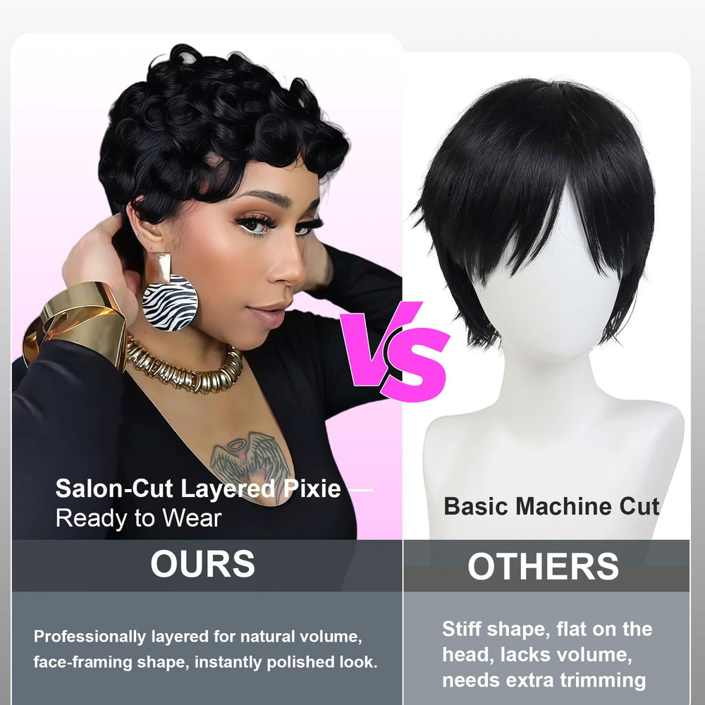 Showreal Pixie Cut Wig on head demonstrates secure fit and natural drape.