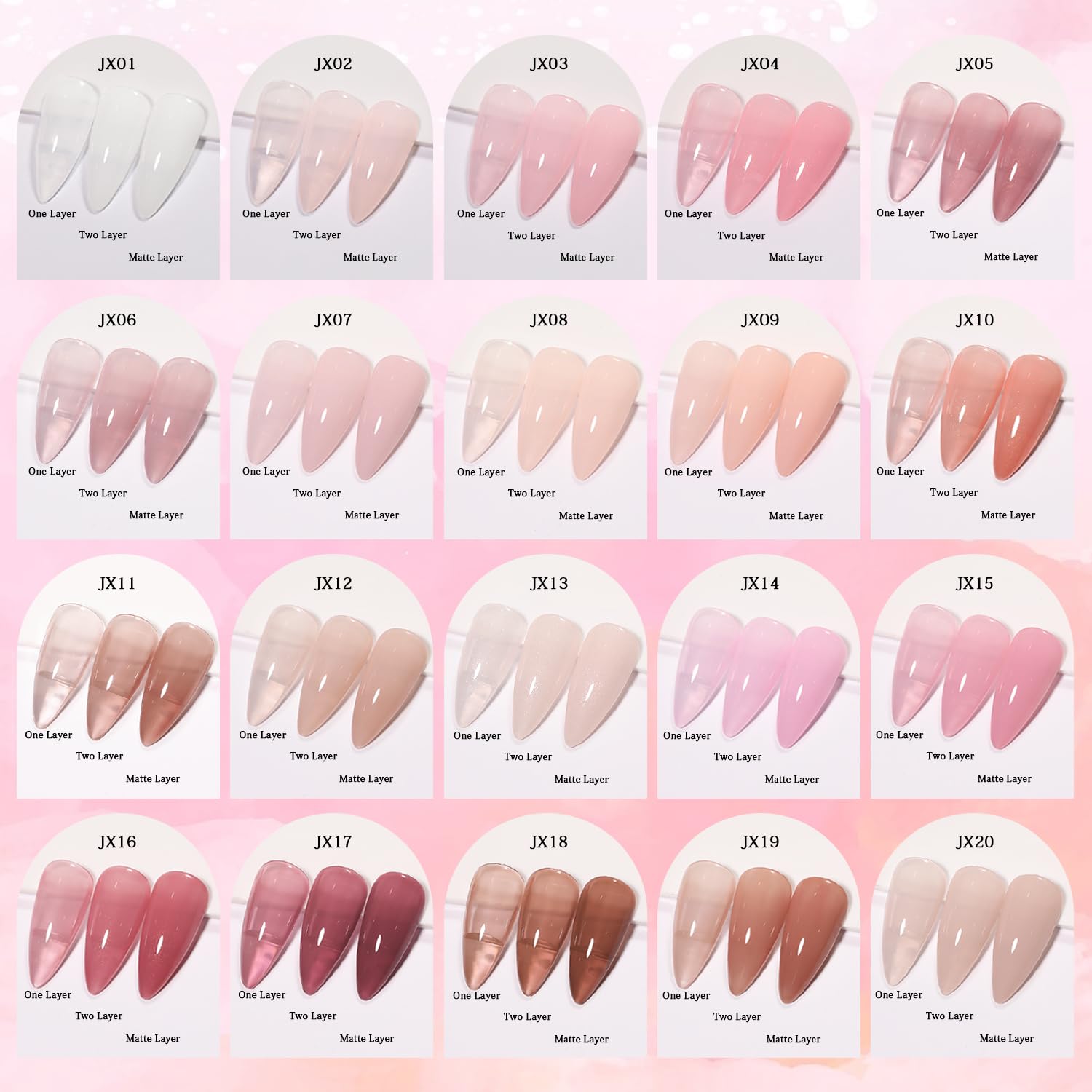 SHOYUM 24 colors swatches demonstrate sheer to opaque jelly finish for versatile looks