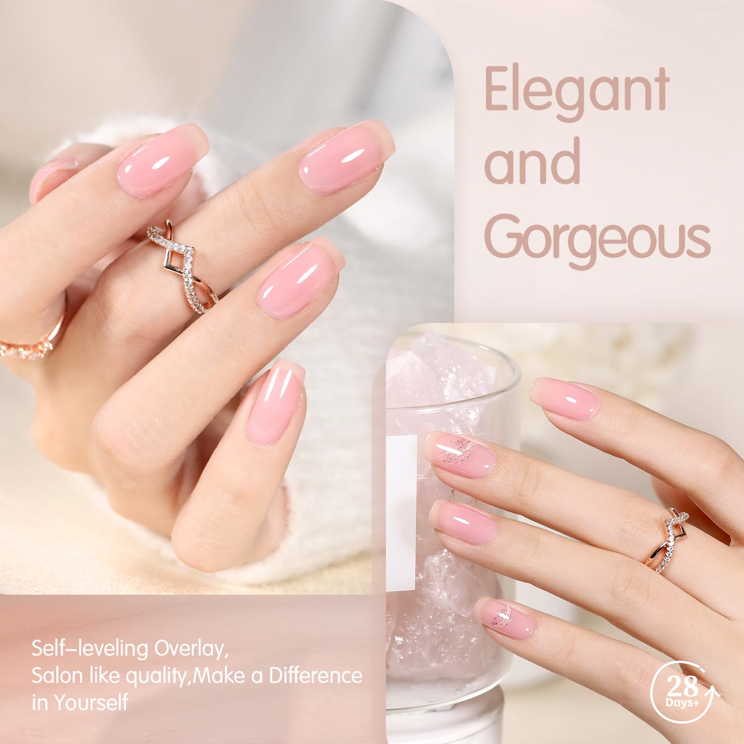 SHOYUM close-up of glossy nude pink nails shows smooth jelly texture.