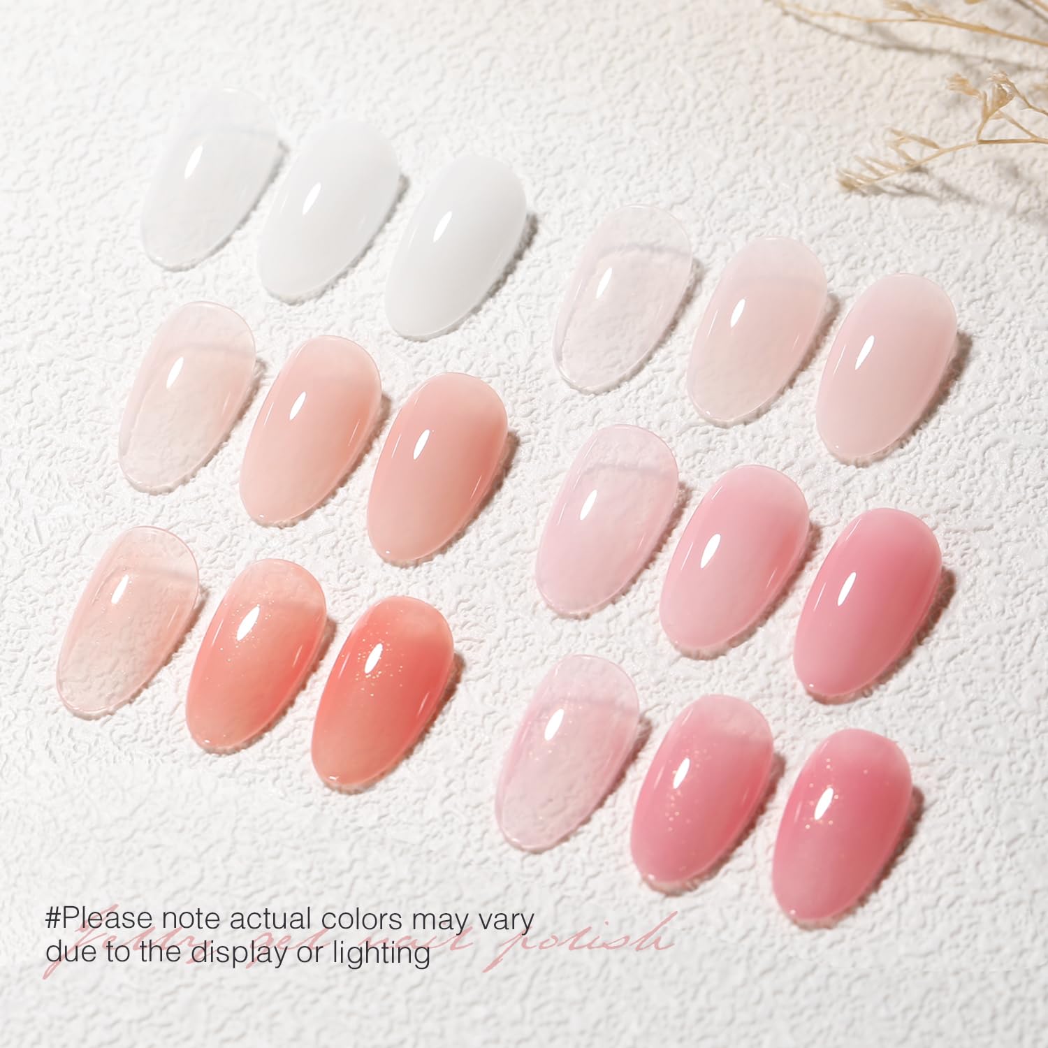 Close-up swatches showing translucent nude pink jelly tones from SHOYUM.