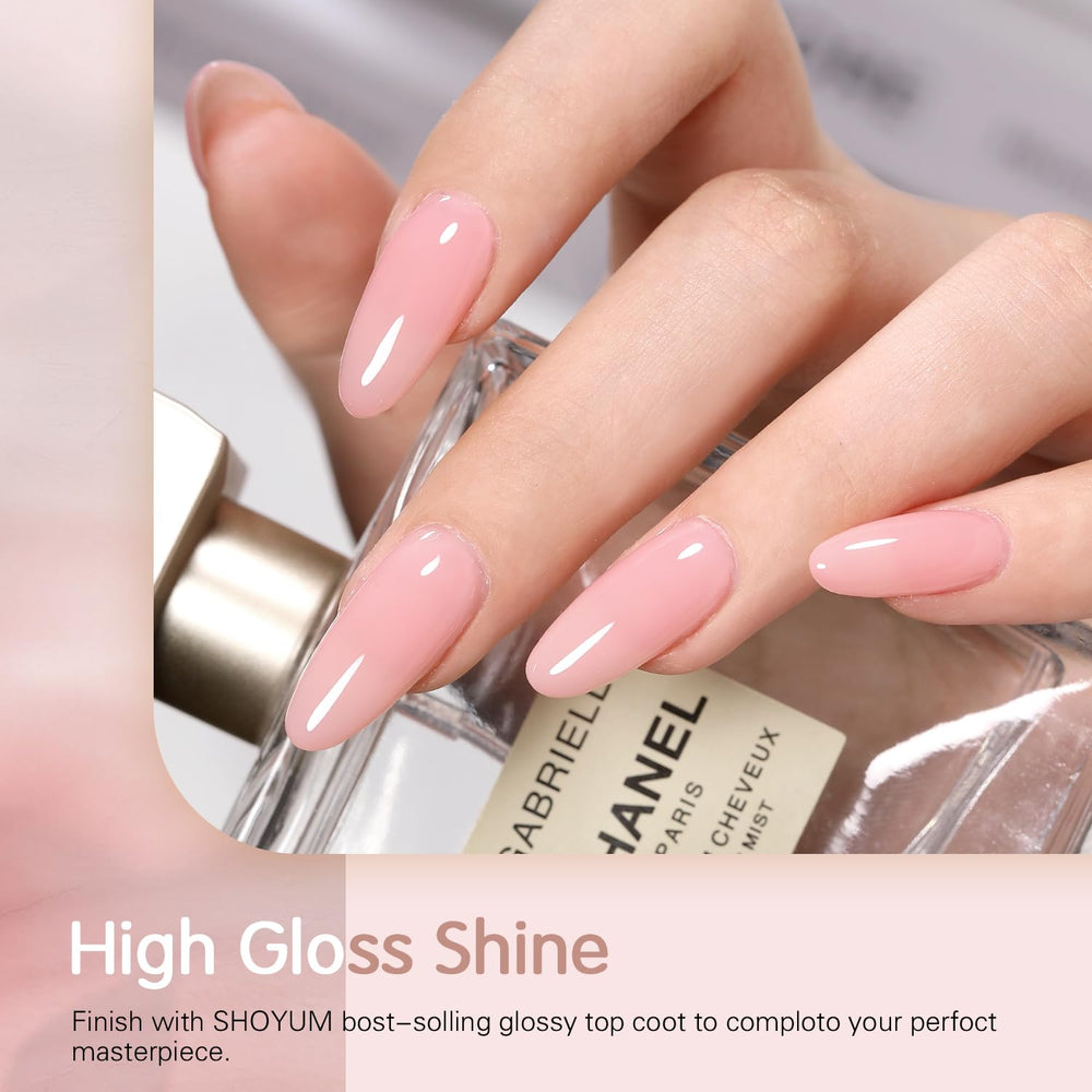 SHOYUM Jelly Gel nails showcase nude-pink sheer gloss on nails