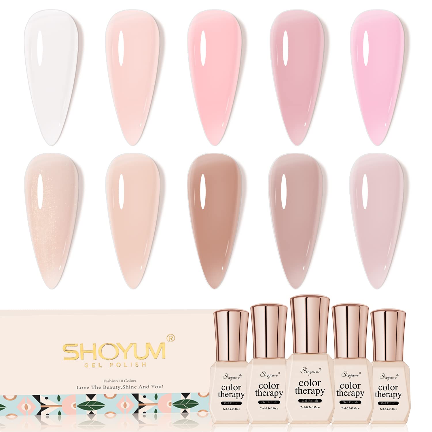 SHOYUM Jelly Nude gel polish set packaging on a sleek display, inviting at-home shopping