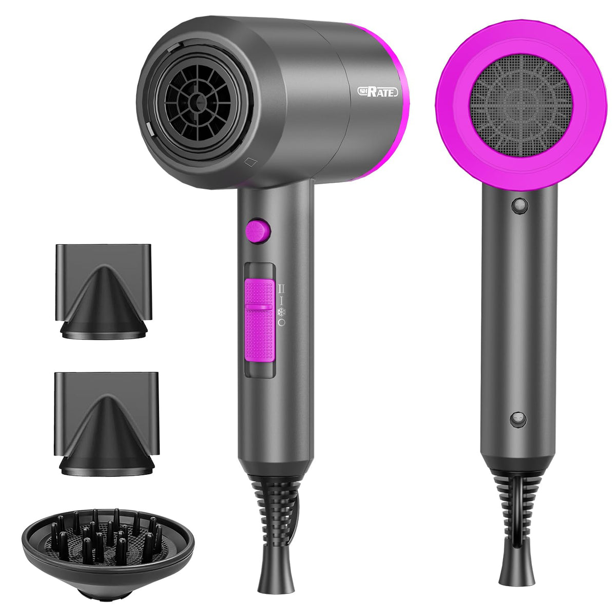 SHRATE lightweight ionic hair dryer shown in a compact travel-ready setup for easy styling on the go.