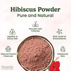 Fine-ground hibiscus powder close-up reveals smooth texture for hair and skin routines.