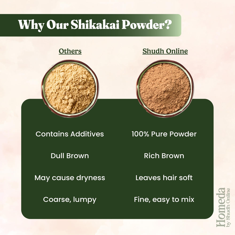 Shudh Online Natural hair care routine with Shikakai powder and oils.